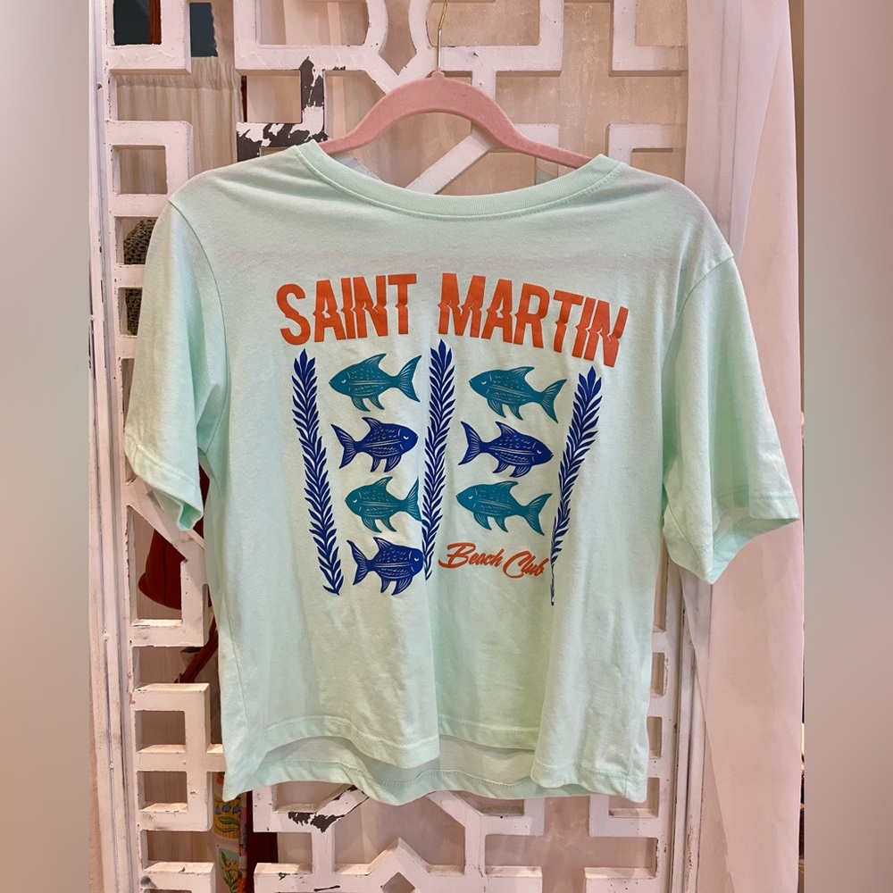 Mint Green "Saint Martin" Beach Club Graphic Tee with Blue Fish and Orange Text